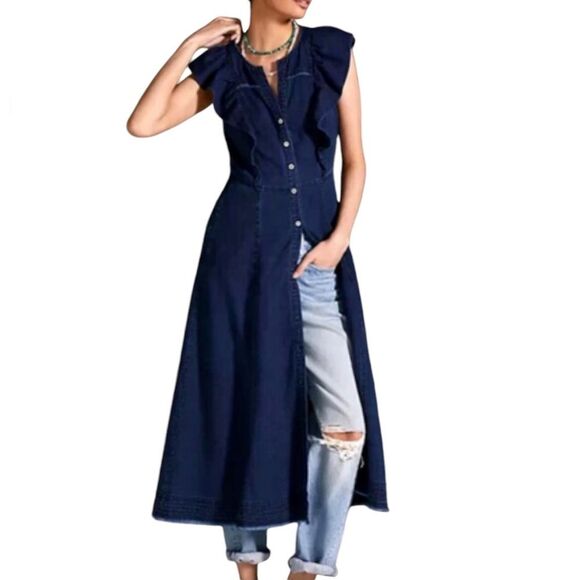 Anthropologie Pilcro Dark Blue Denim Ruffle Sleeve Maxi Midi Dress, 14. buttons - Picture 3 of 16